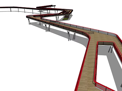 Modern Curved Pedestrian Bridge With Wooden Deck Red Railings And Supporting Pillars 3d model