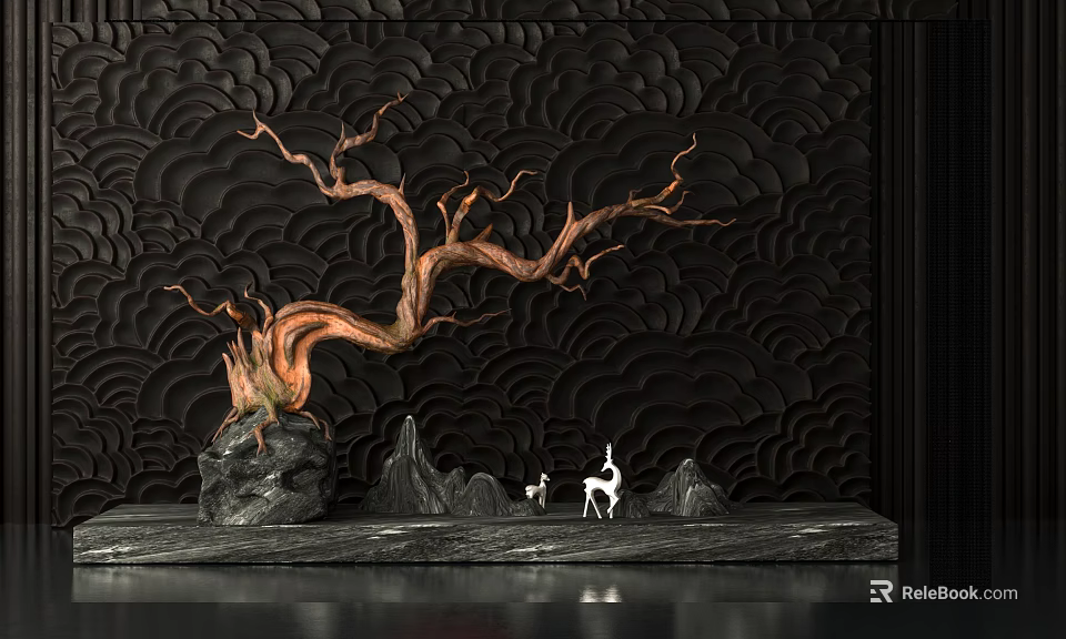 Sculpture Carving with Twisted Trunk Stone Small Hills and White Deer on Black Wavy Wall 3d model 