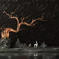 Sculpture Carving with Twisted Trunk Stone Small Hills and White Deer on Black Wavy Wall