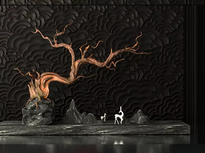 Sculpture Carving with Twisted Trunk Stone Small Hills and White Deer on Black Wavy Wall 3d model