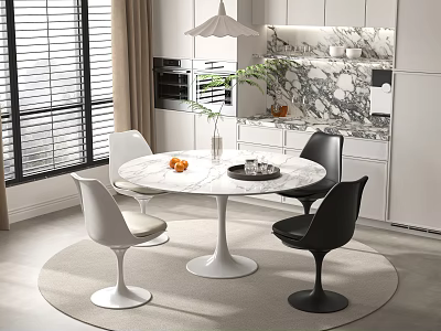 Modern Round Dining Table Set With Marble Top White Black Chairs And Hanging Pendant Light 3d model