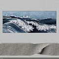 Abstract Ocean Wave Painting In Blue And White Hanging On White Wall With Concrete Bench