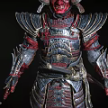 Red Faced Demon Character In Ornate Samurai Armor With Horned Helmet And Metallic Details