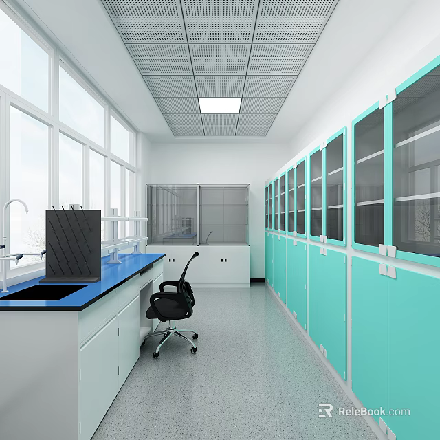 Wine Rack in Laboratory with Lab Benches Green Cabinets and Large Windows 3d model 