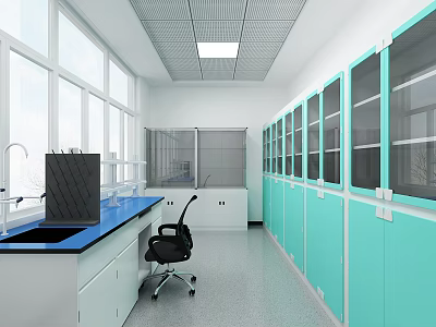 Wine Rack in Laboratory with Lab Benches Green Cabinets and Large Windows 3d model