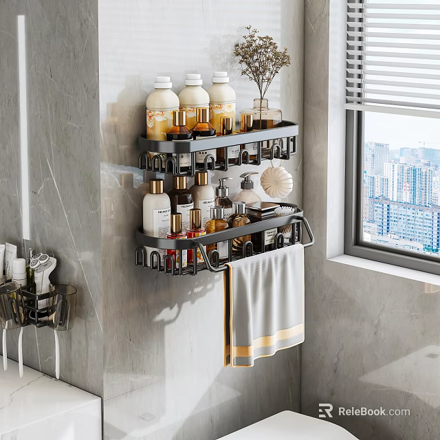 Black Wall Mounted Bathroom Shelf With Towel And Toiletries On Marble Wall 3d model 