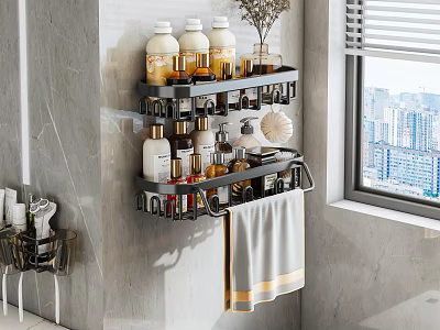 Black Wall Mounted Bathroom Shelf With Towel And Toiletries On Marble Wall 3d model