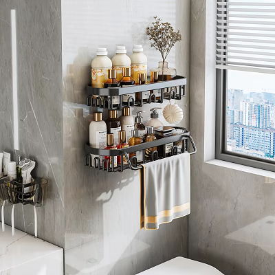 Black Wall Mounted Bathroom Shelf With Towel And Toiletries On Marble Wall 3d model