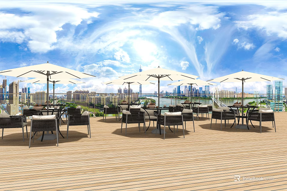 Scenic Outdoor Table Setup With Wooden Deck White Umbrellas And City Skyline View 3d model 