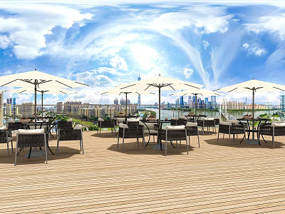 Scenic Outdoor Table Setup With Wooden Deck White Umbrellas And City Skyline View 3d model