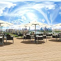 Scenic Outdoor Table Setup With Wooden Deck White Umbrellas And City Skyline View