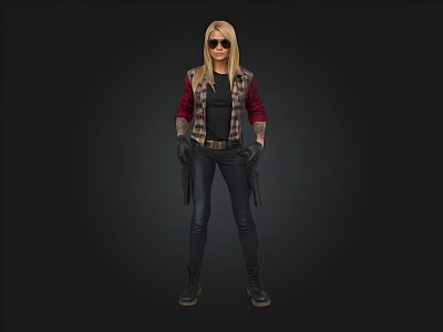 Blonde Woman Wearing Sunglasses Red Black Jacket Holding Guns Plaid Shirt Black Background 3d model