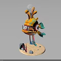 Cartoon Character With Fish Creature Lightbulb Head Orange Body Blue Fins Sharp Teeth Sand Base