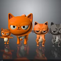 Four 3D Cartoon Cats In Orange And Gray With Angry Expressions