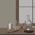 Elegant Brown Ceramic Cup With Candle Holder And Wine Glasses On Wooden Table Near Window