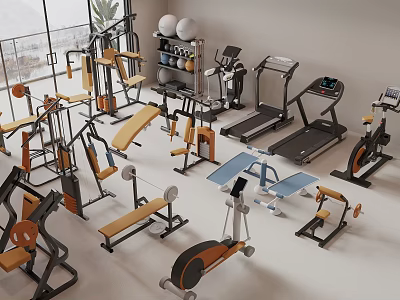 Complete Sports Equipment Collection with Treadmills Dumbbells Exercise Bikes and Benches in Modern Gym 3d model