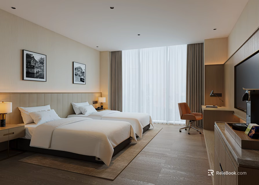 Modern Hotel Room Interior With Twin Beds Large Window Desk Chair TV And Decorative Paintings 3d model 