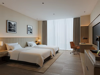 Modern Hotel Room Interior With Twin Beds Large Window Desk Chair TV And Decorative Paintings 3d model
