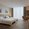 Modern Hotel Room Interior With Twin Beds Large Window Desk Chair TV And Decorative Paintings