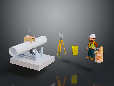 Construction Site Setup With White Pipe Tripod Yellow Bucket Worker And Wooden Planks 3d model