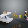 Construction Site Setup With White Pipe Tripod Yellow Bucket Worker And Wooden Planks