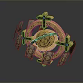Mystical Fantasy Landscape Featuring Golden Circular Device With Pink Glowing Circle And Cross Decorations