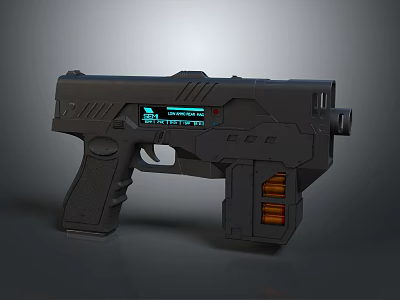 Futuristic Black Pistol With Digital Display And Ammunition Clips 3d model
