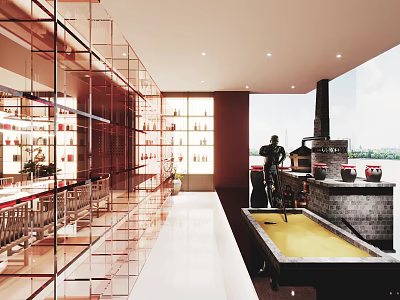 Modern Interior Space With Glass Curtain Wall Display Shelves Workbench And Large Window View 3d model