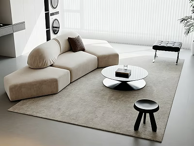 Modern L Shaped Beige Sofa With Glass Coffee Table Set And Dark Cushion 3d model