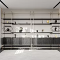 Modern Bookcase with Gold Metal Frame Black Shelves and Decorative Items by Window Area Rug