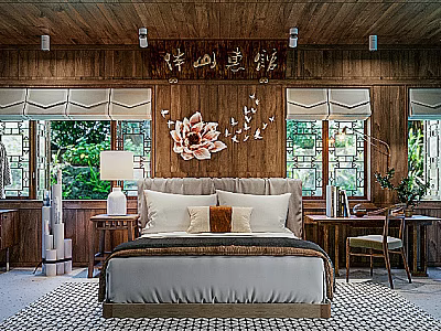 Hotel Guest Room Featuring Chinese Style Wooden Decor Lotus Wall Art And Traditional Windows 3d model