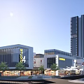 Vibrant Modern Commercial Street With Green Roofs Tall Building And Lush Trees