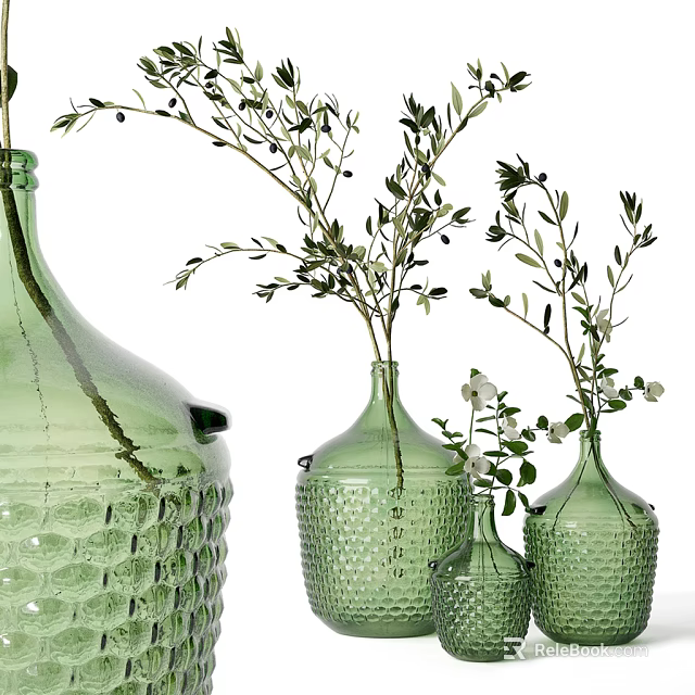 Green Textured Vases With Various Sizes Holding Green Foliage And White Small Flowers 3d model 
