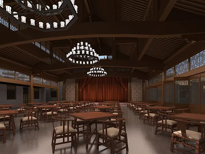 Traditional Chinese Restaurant Interior With Wooden Structure Chandeliers Red Curtain Stage And Dining Tables 3d model