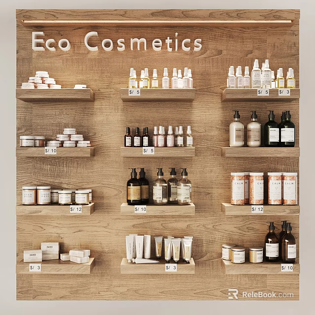 Eco Cosmetics Commercial Display Shelves with Wooden Tiers and Organized Product Arrangement 3d model 