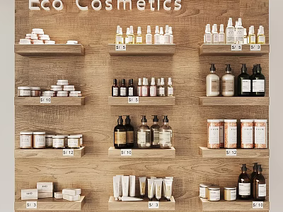 Eco Cosmetics Commercial Display Shelves with Wooden Tiers and Organized Product Arrangement 3d model