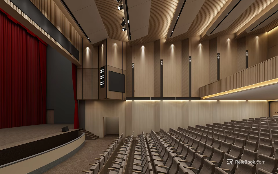 Spacious Conference Room Interior With Wooden Walls Red Curtains Stage And Seats 3d model 