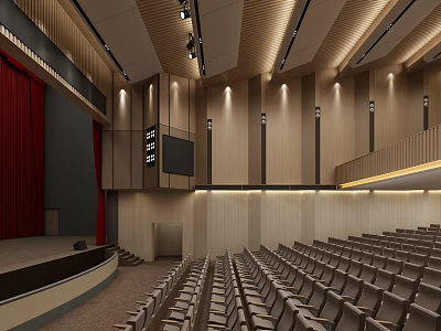 Spacious Conference Room Interior With Wooden Walls Red Curtains Stage And Seats 3d model