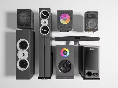 Tower Bookshelf and Subwoofer Audio Speakers With Modern Design and Colorful Front Panels 3d model