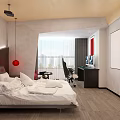 Modern Hotel Guest Room Interior With White Bed Pillows Gray Walls And Red Accent