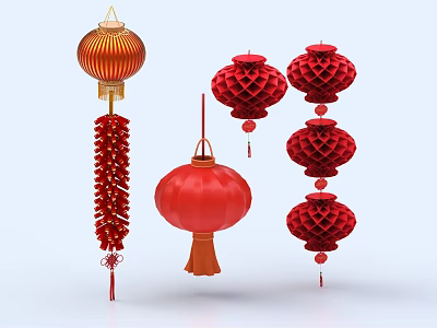 Traditional Festive Ornament Decoration Set with Red Lanterns and Firecrackers for Holiday Home Decor 3d model