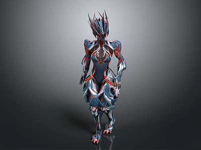 Sci Fi Game Movie Character 3D Model With Armored Design Blue Red Color Spiked Headgear 3d model