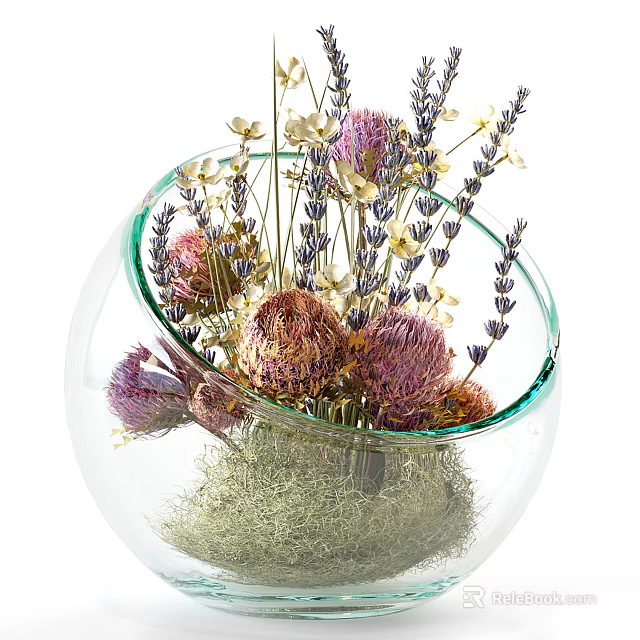 Transparent Round Glass Vase With Lavender And Colorful Dried Flowers And Moss Base 3d model 