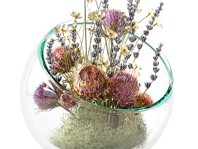 Transparent Round Glass Vase With Lavender And Colorful Dried Flowers And Moss Base 3d model