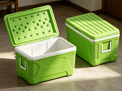 Green Coolers With Open Lid White Interior And Closed Lid Plastic Design On Tiled Floor 3d model