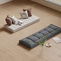 White and Gray Floor Cushions With Pillows Potted Plant And Magazines On Wooden Floor