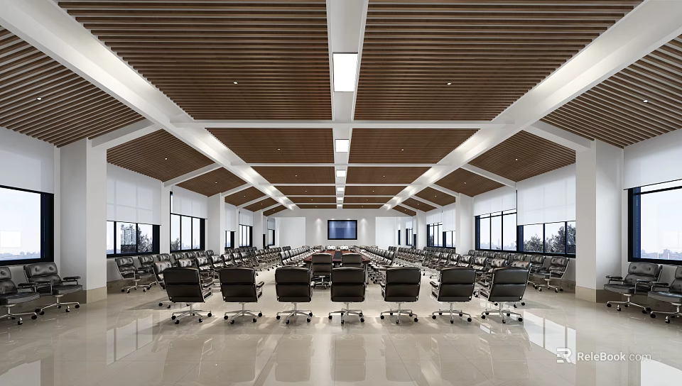 Spacious Conference Room With Long Table Black Chairs Wooden Ceiling White Walls And TV Screen 3d model 