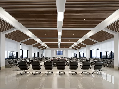 Spacious Conference Room With Long Table Black Chairs Wooden Ceiling White Walls And TV Screen 3d model