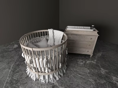 Round Wooden Baby Crib With White Ruffled Fabric And Matching Dresser In Modern Nursery 3d model