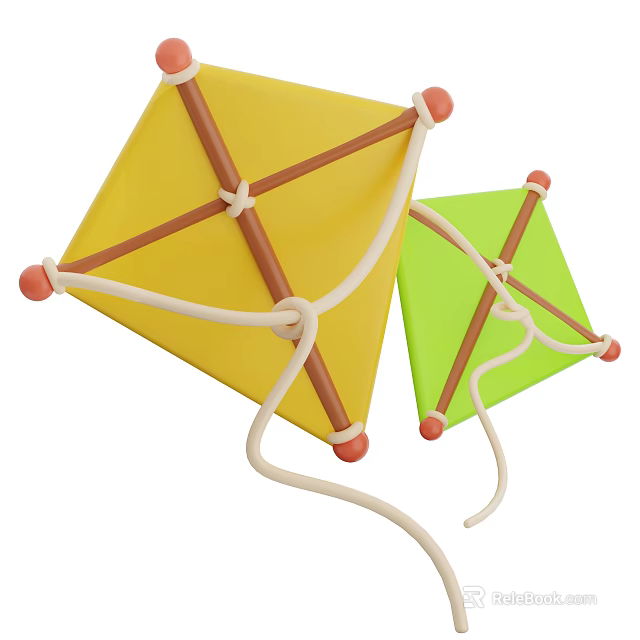 Colorful Diamond Shaped Kids Toys With Brown White Strings And Red Ends 3d model 